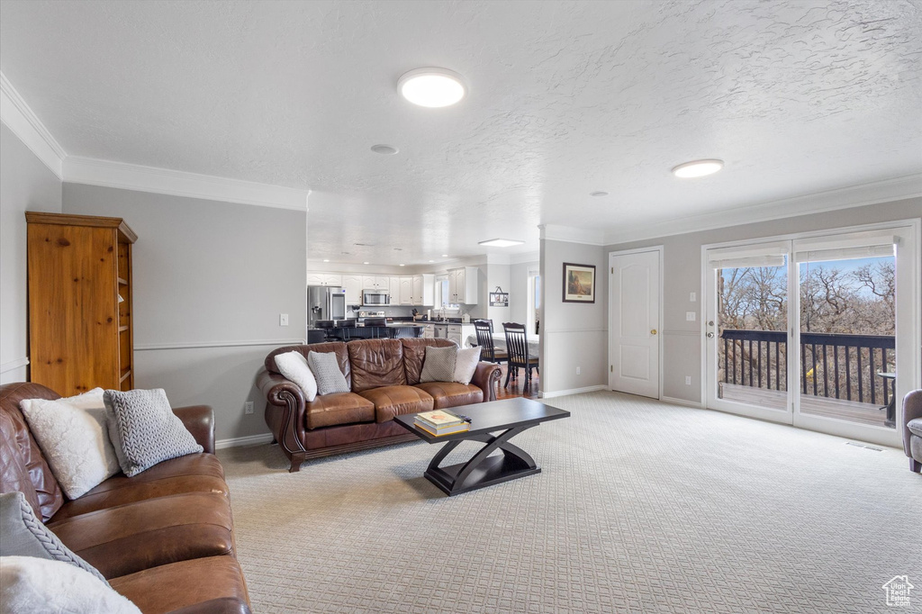 Living area featuring light colored carpet, ornamental molding, and baseboards