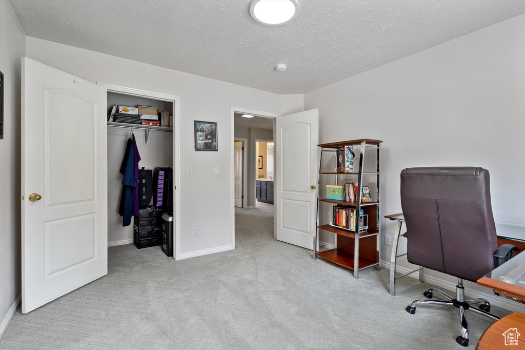 Office with carpet floors, baseboards, and a textured ceiling
