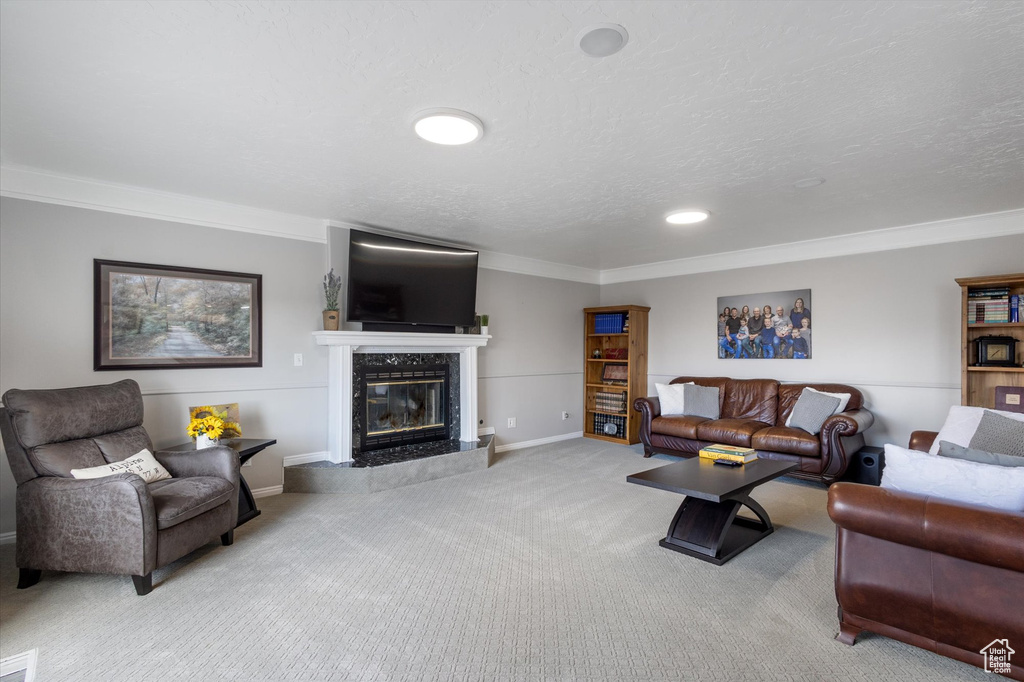 Living area with carpet flooring, a fireplace, crown molding, baseboards, and recessed lighting