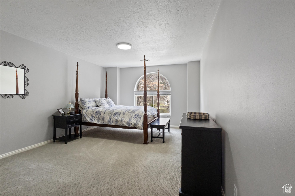 Bedroom with carpet floors, baseboards, and a textured ceiling