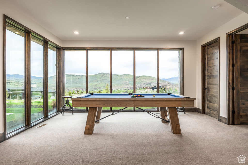 Rec room with carpet flooring, billiards, a mountain view, recessed lighting, and baseboards