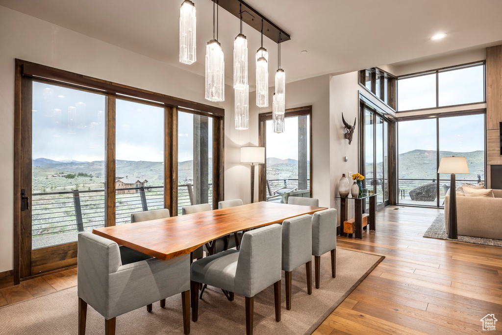 Dining space featuring light wood-style flooring and a mountain view
