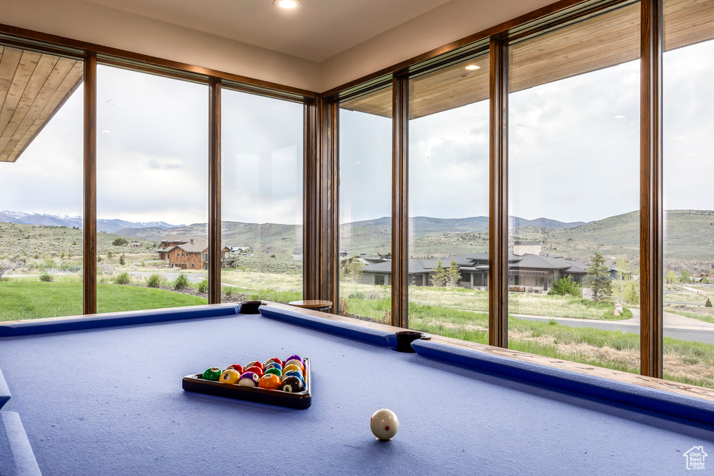 Recreation room with pool table, a mountain view, carpet, and recessed lighting