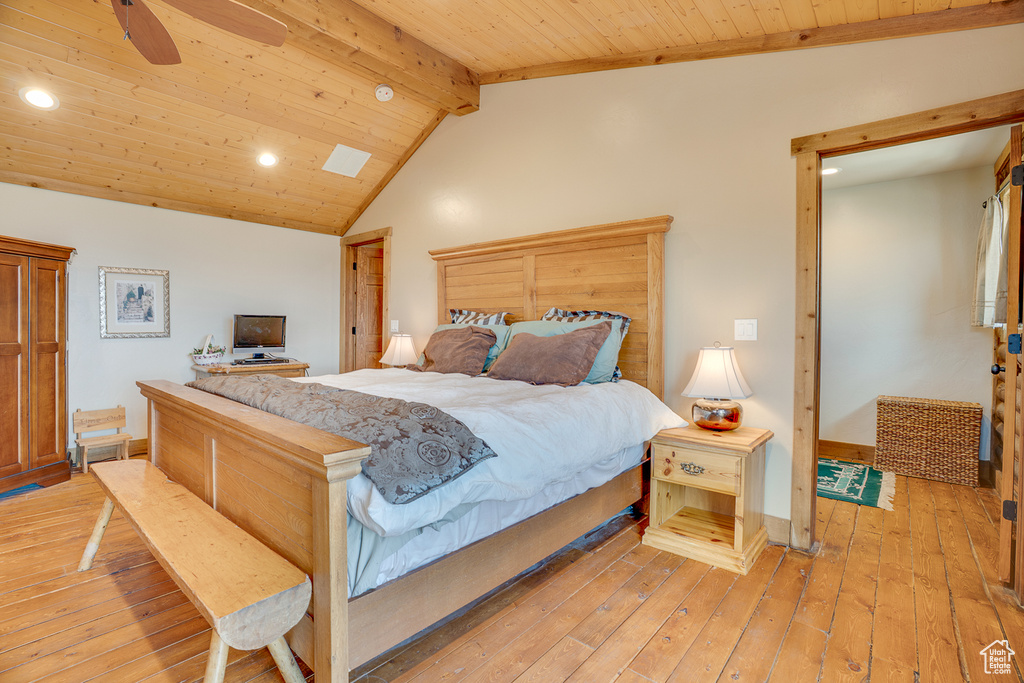 Bedroom with wooden ceiling, recessed lighting, and light wood-style flooring