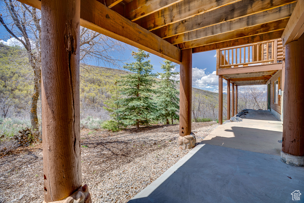 View of patio / terrace featuring a mountain view