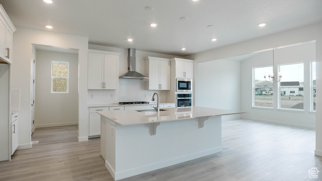 Kitchen featuring wall chimney range hood, stainless steel appliances, a kitchen island with sink, a sink, and tasteful backsplash