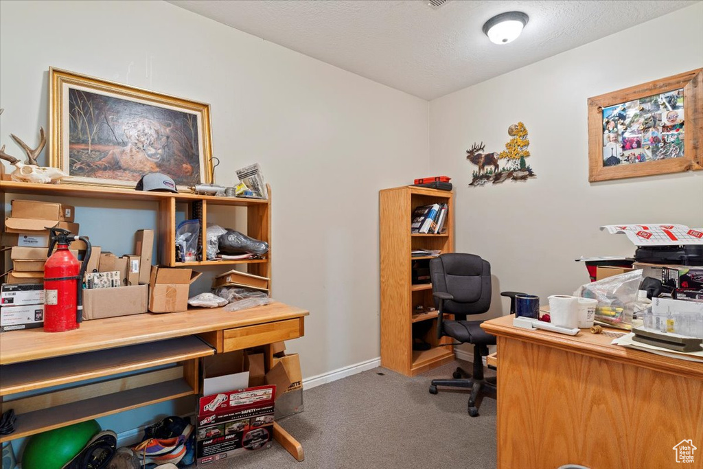 Carpeted home office featuring baseboards