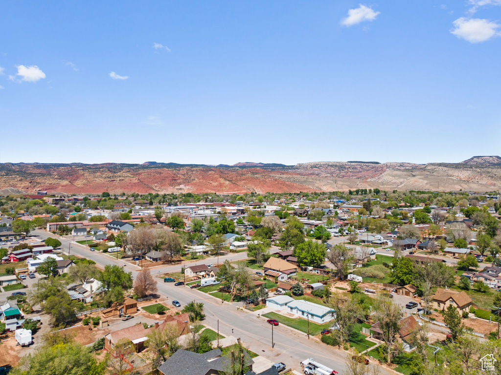 Aerial perspective of suburban area with mountains