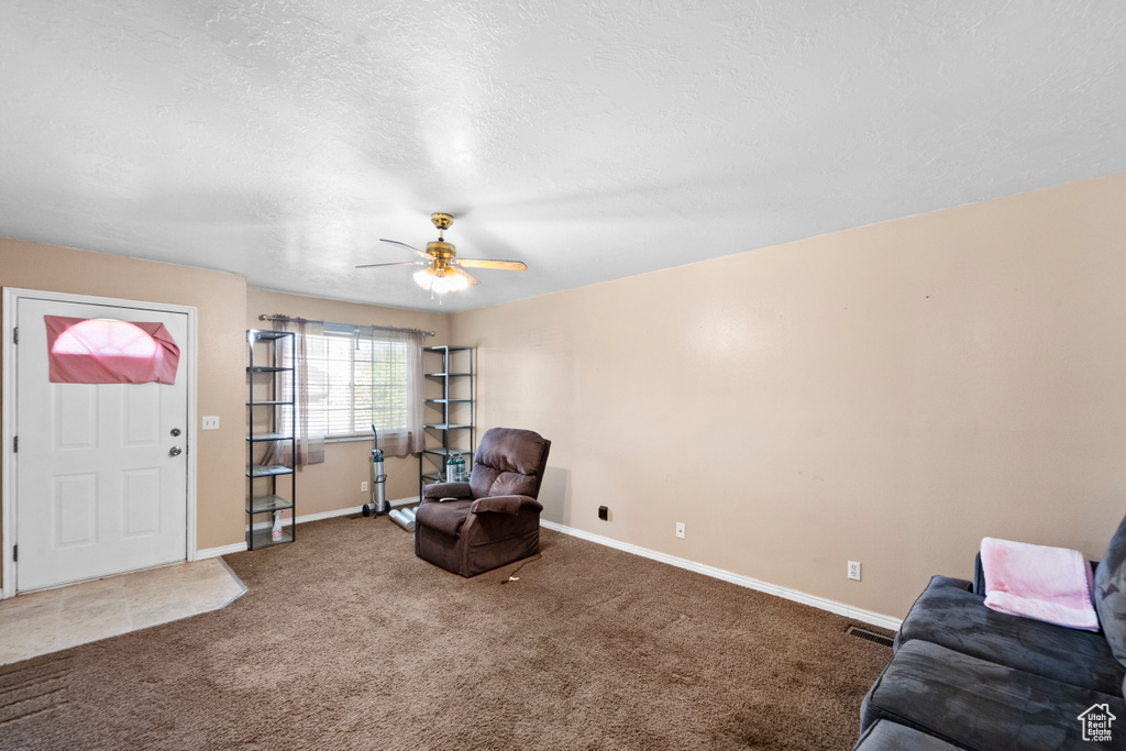 Living area with carpet floors, baseboards, and a ceiling fan