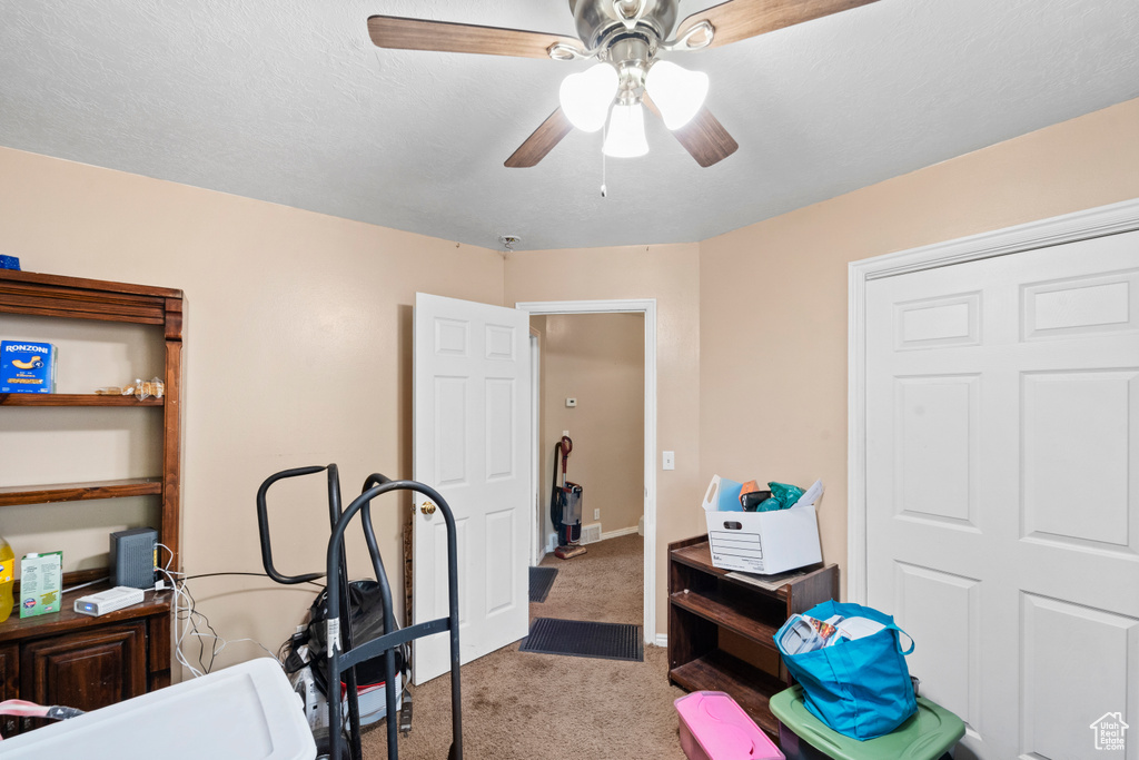 Carpeted bedroom featuring ceiling fan