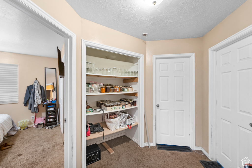 Interior space featuring carpet floors, a textured ceiling, and baseboards