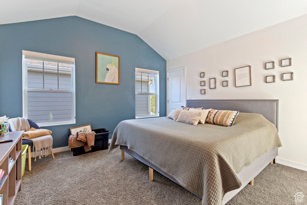 Carpeted bedroom with baseboards, multiple windows, and lofted ceiling