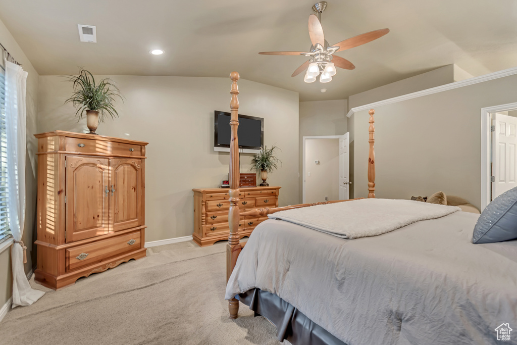 Bedroom featuring light colored carpet, baseboards, ceiling fan, and recessed lighting