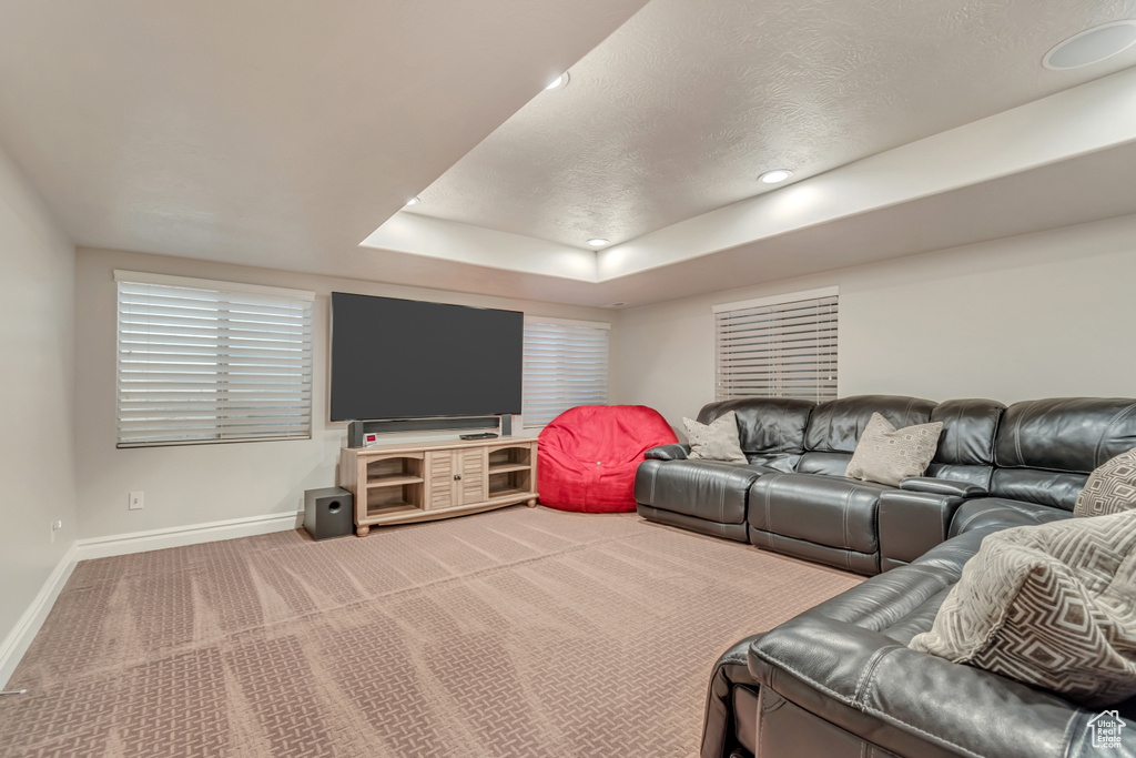 Carpeted living area featuring baseboards, a raised ceiling, a textured ceiling, and recessed lighting