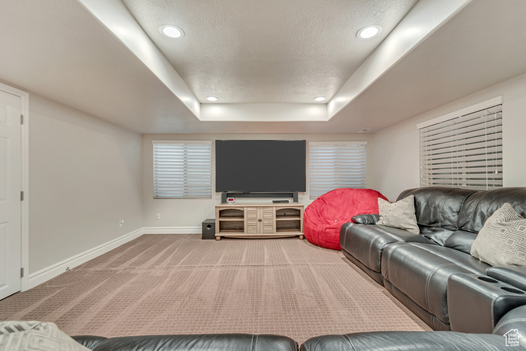 Carpeted living area with baseboards, a raised ceiling, a textured ceiling, and recessed lighting