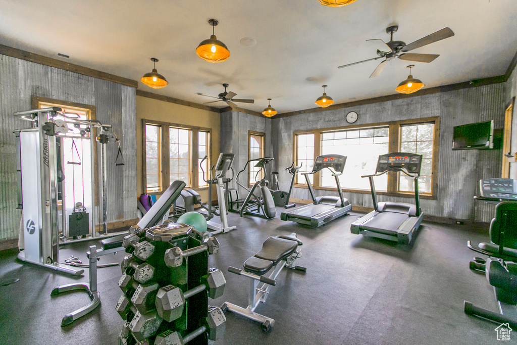 Exercise room with ceiling fan