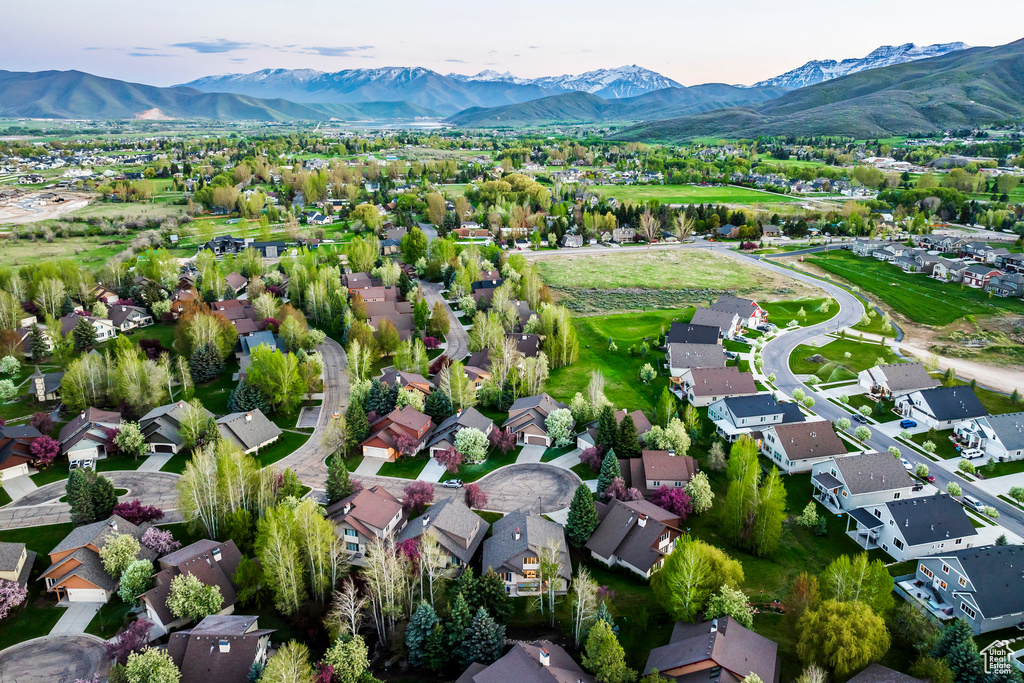 Aerial view of residential area with mountains