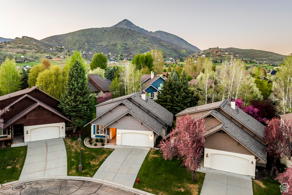 Aerial view at dusk of a mountain view