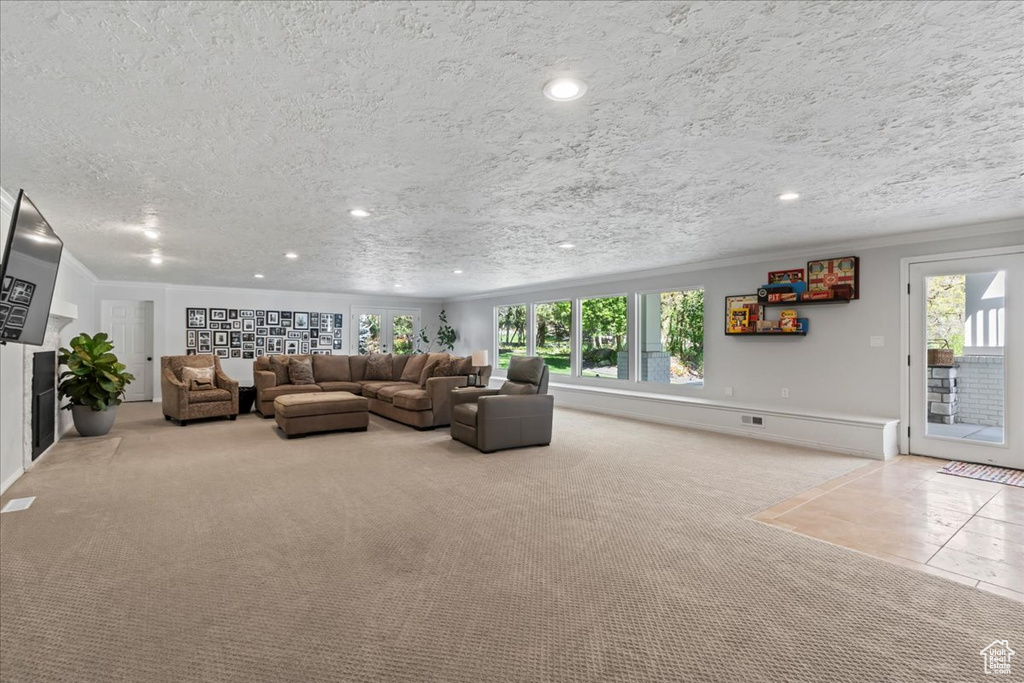 Carpeted living area featuring recessed lighting, healthy amount of natural light, ornamental molding, a textured ceiling, and baseboards
