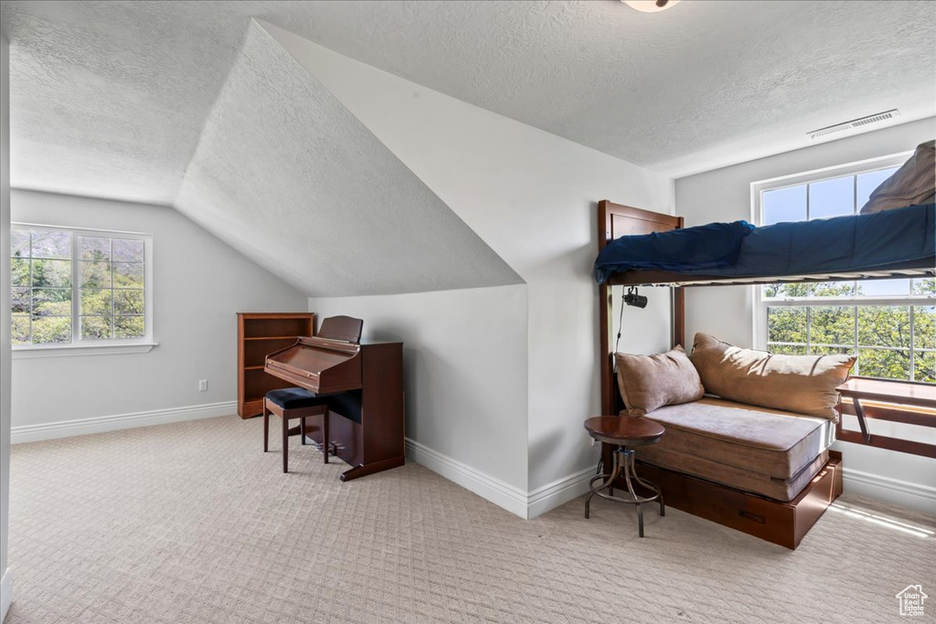 Bedroom with a textured ceiling, carpet flooring, baseboards, and vaulted ceiling