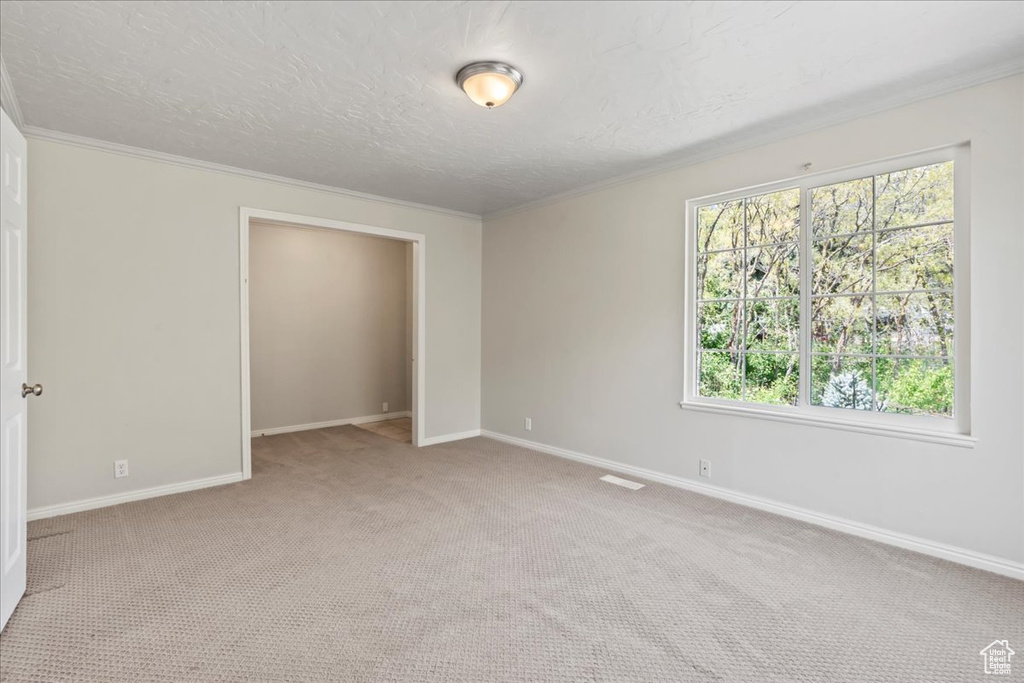 Unfurnished bedroom featuring light colored carpet, baseboards, a textured ceiling, and crown molding
