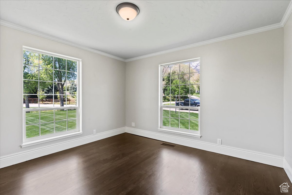 Empty room with dark wood finished floors, baseboards, and crown molding