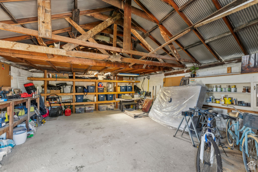 Garage featuring a workshop area
