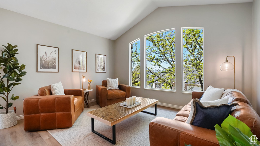Living room with lofted ceiling, baseboards, and light wood-type flooring