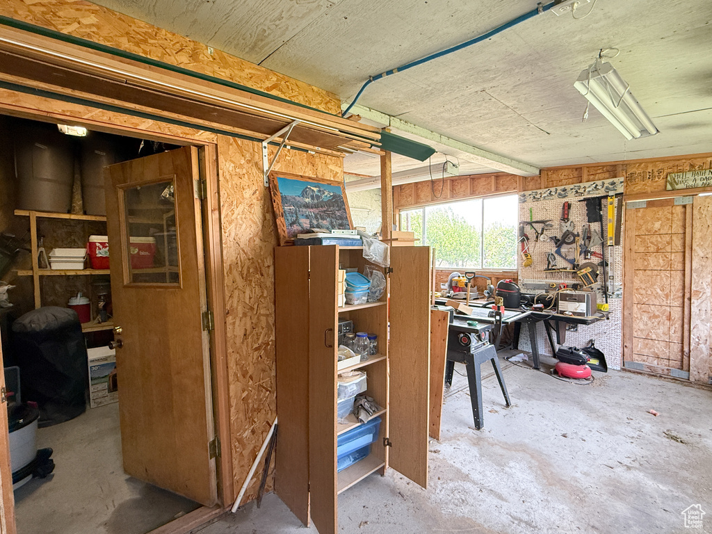 Below grade area with a workshop area