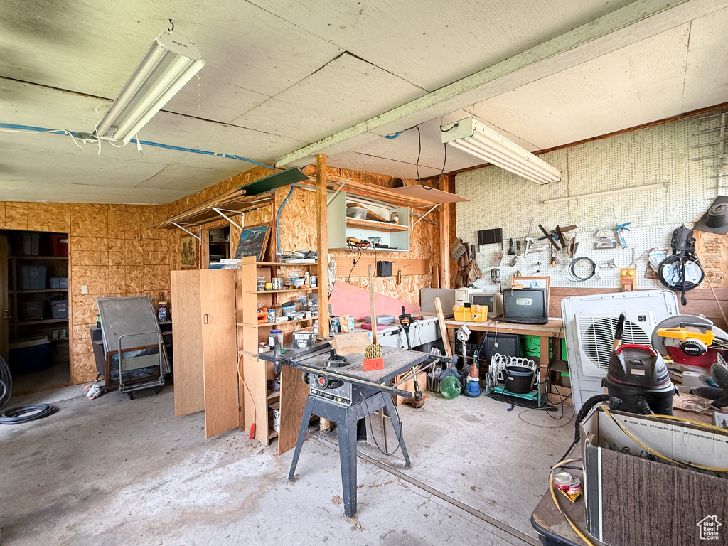 Garage with a workshop area
