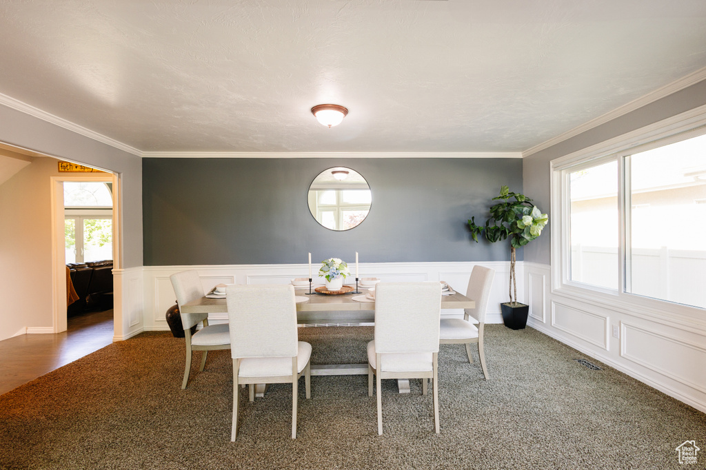 Dining area with carpet, crown molding, wainscoting, and a decorative wall