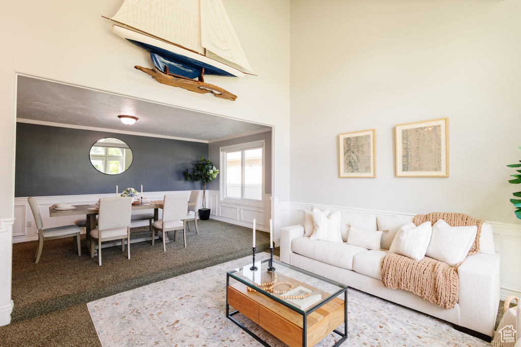 Carpeted living room featuring a wainscoted wall, plenty of natural light, crown molding, and a decorative wall