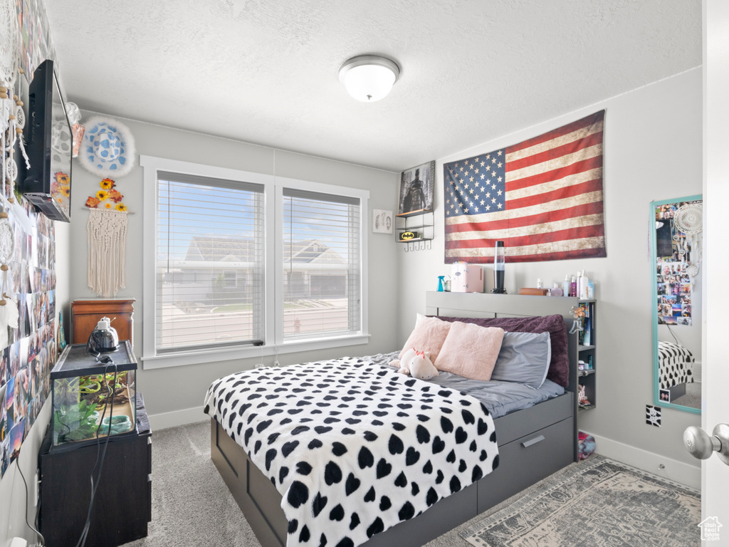 Bedroom featuring baseboards, a textured ceiling, and carpet