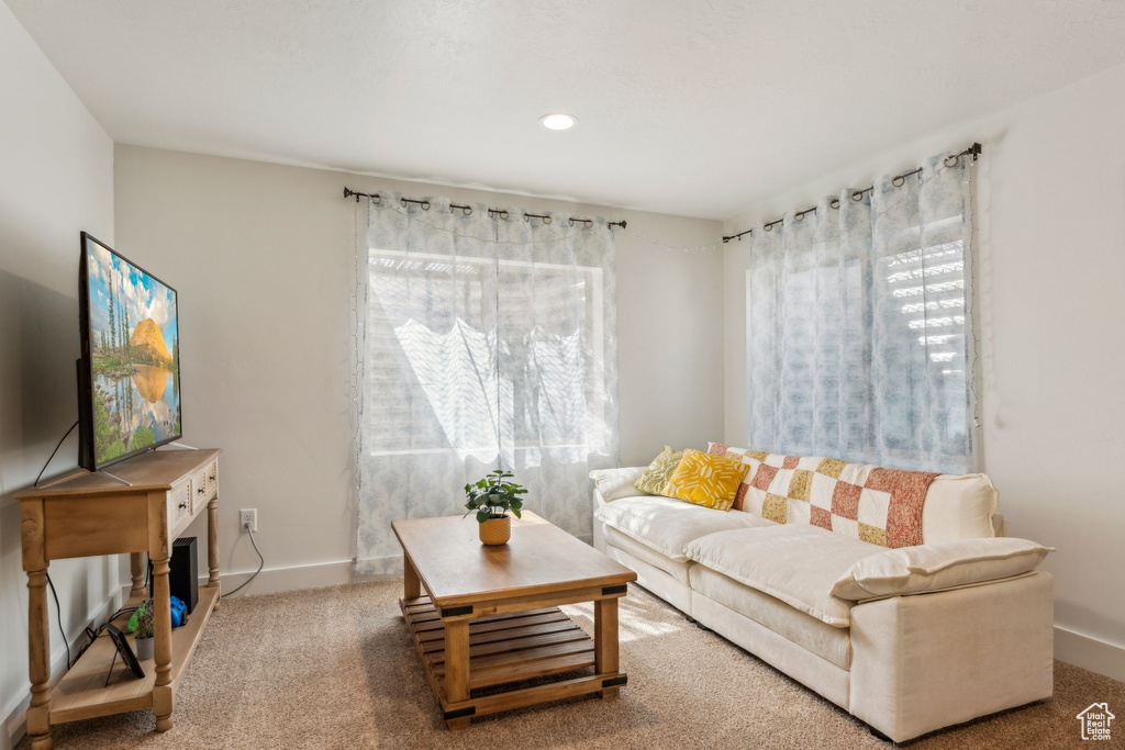 Living area with carpet flooring, baseboards, and recessed lighting