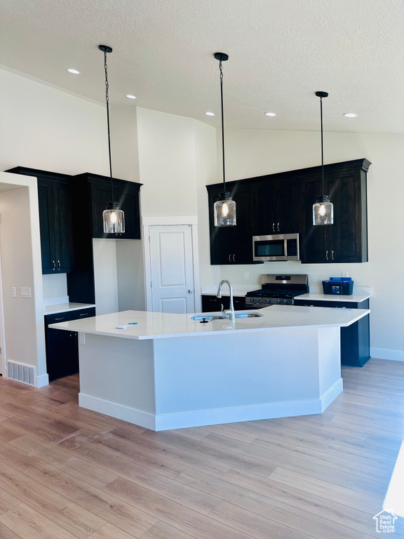 Kitchen with a sink, appliances with stainless steel finishes, dark cabinetry, a textured ceiling, and light countertops