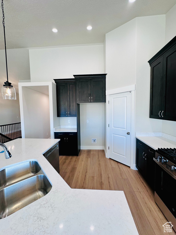 Kitchen with a sink, gas range, dishwasher, light wood finished floors, and dark cabinetry
