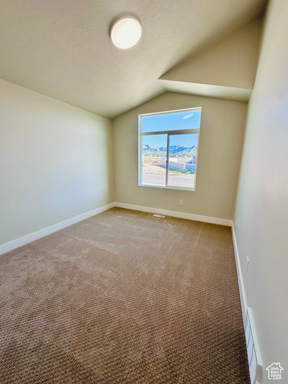 Carpeted spare room featuring lofted ceiling, a textured ceiling, and baseboards