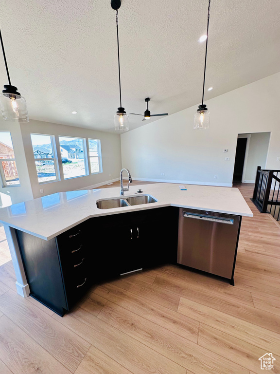 Kitchen with dishwasher, a sink, a textured ceiling, light wood-type flooring, and dark cabinetry