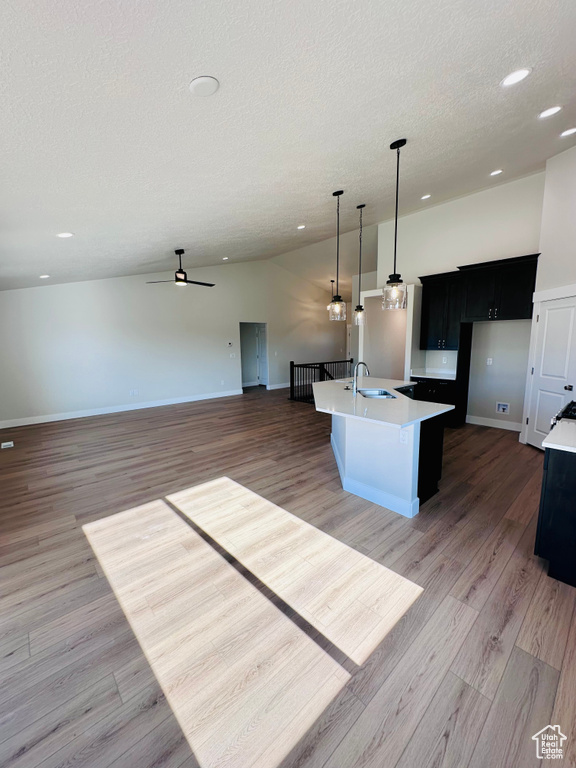 Kitchen featuring a sink, a textured ceiling, light countertops, open floor plan, and baseboards