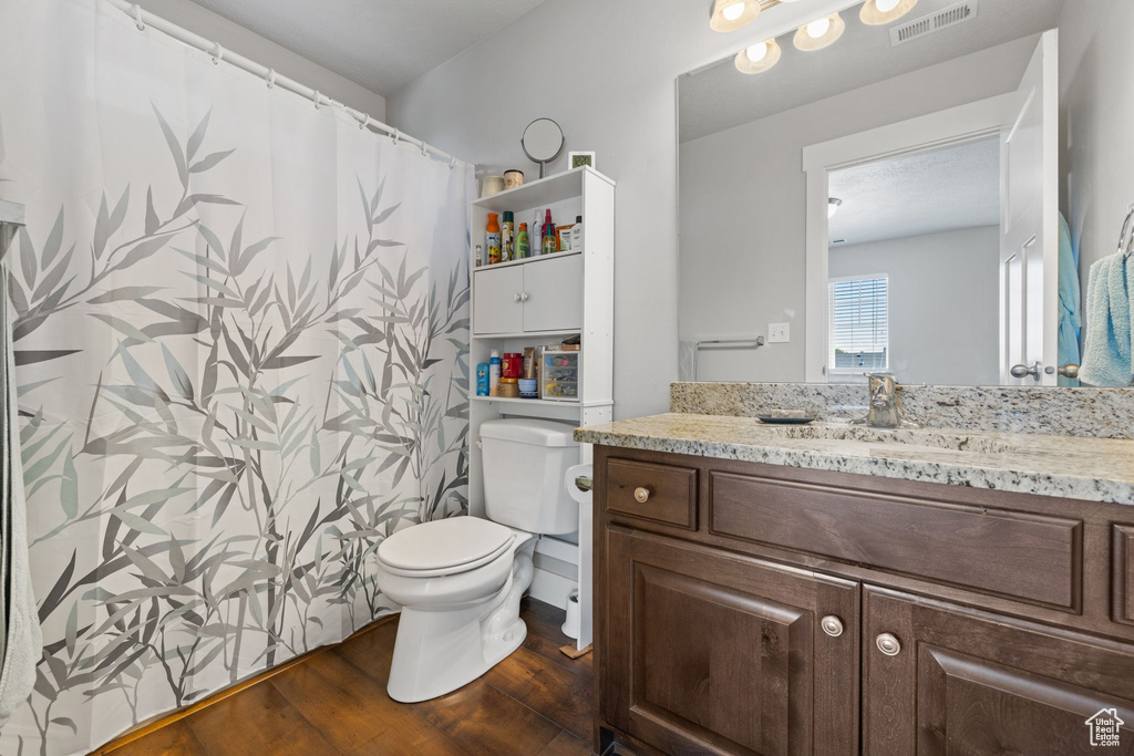 Bathroom featuring wood finished floors, toilet, and vanity