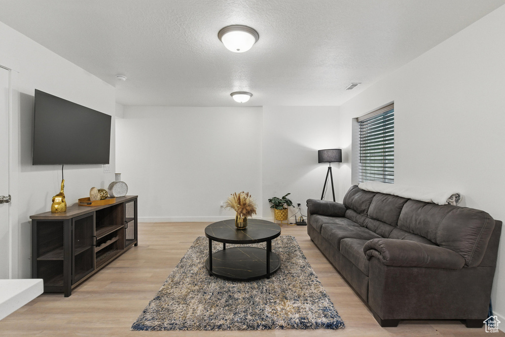 Living area featuring light wood finished floors, a textured ceiling, and baseboards
