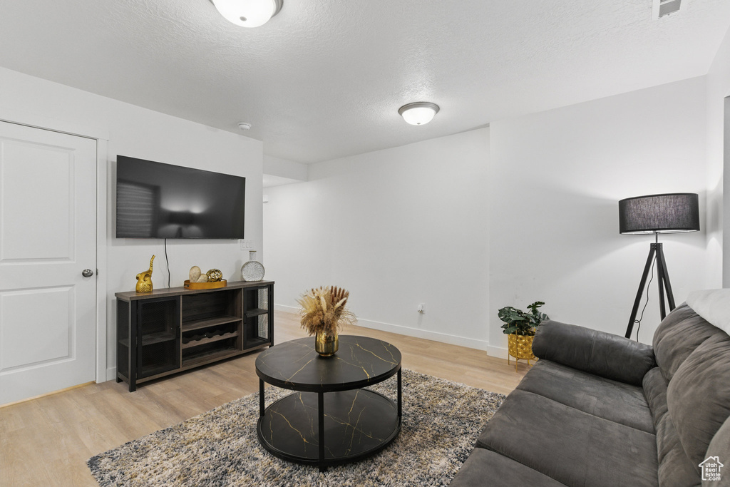 Living room with light wood finished floors, baseboards, and a textured ceiling