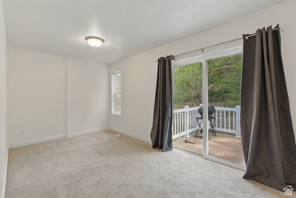 Carpeted spare room with baseboards and plenty of natural light