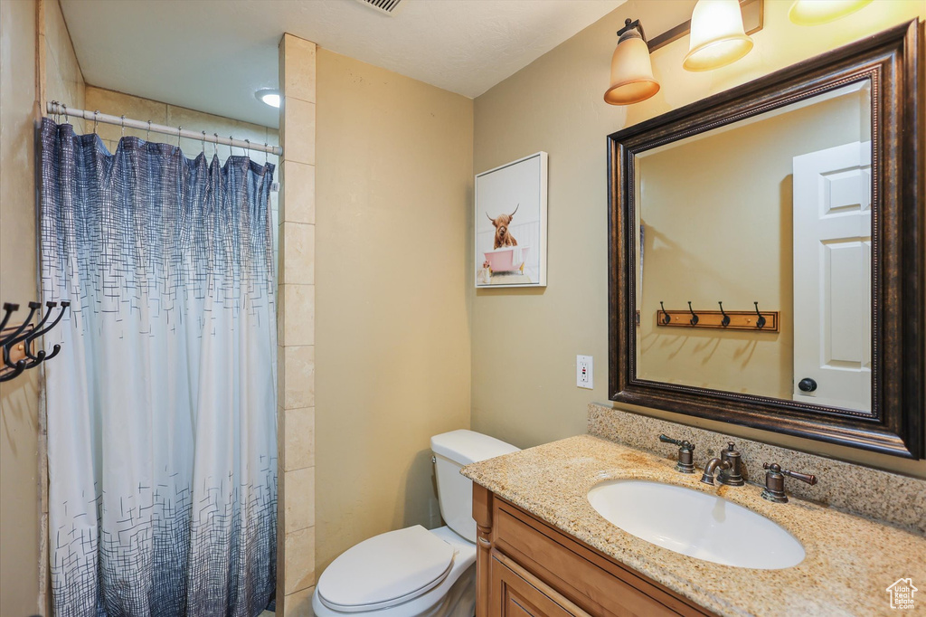 Full bath featuring toilet, vanity, and a shower with shower curtain
