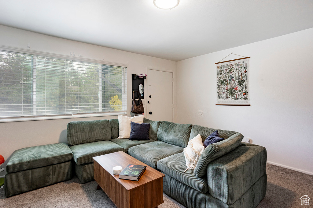 Carpeted living area featuring baseboards