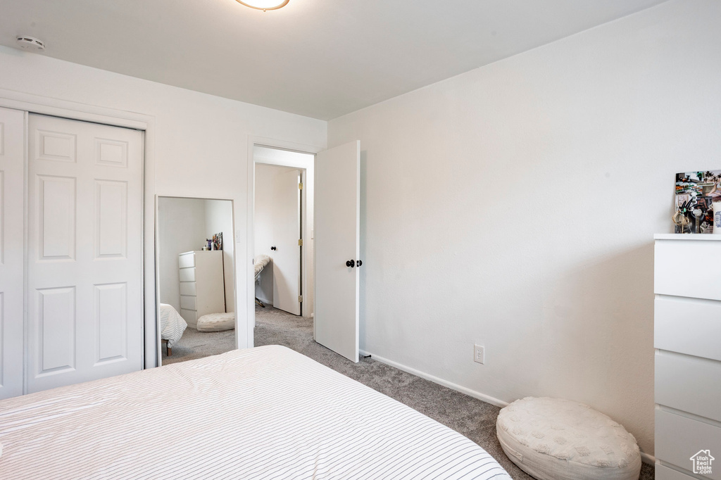 Bedroom with light colored carpet, a closet, and baseboards