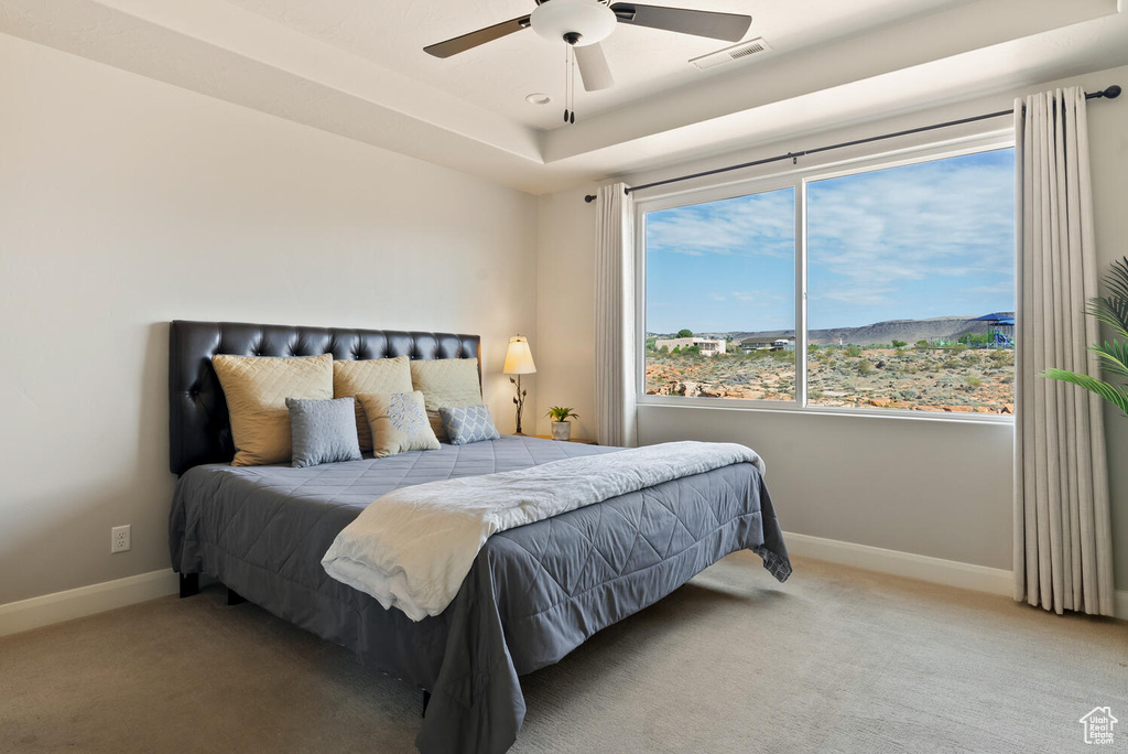 Carpeted bedroom with baseboards, ceiling fan, and a tray ceiling