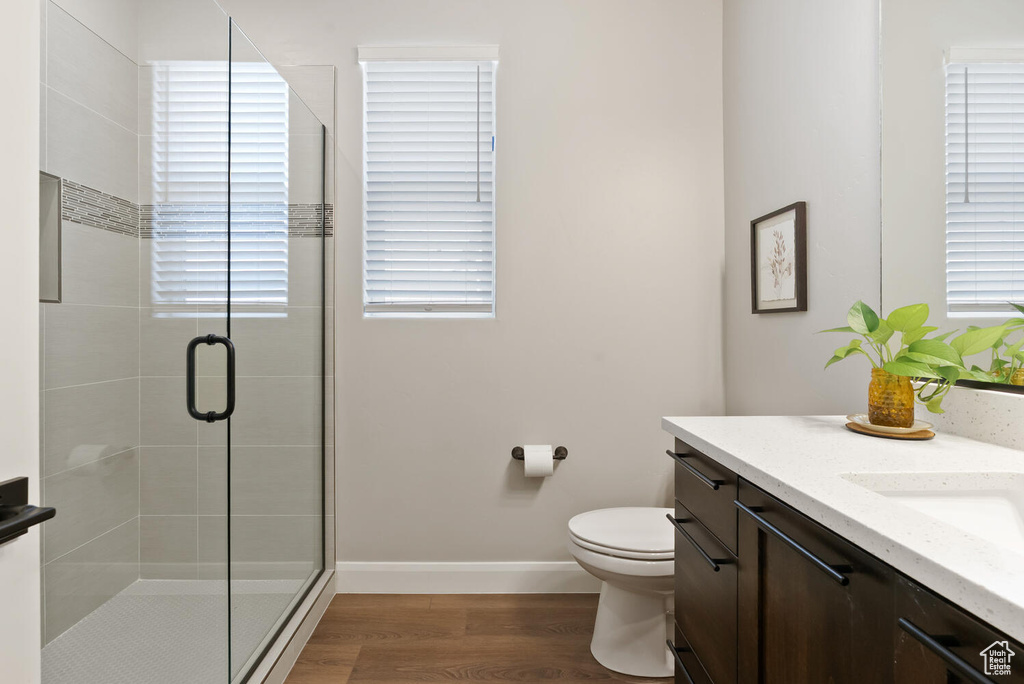 Full bath featuring a shower stall, wood finished floors, vanity, toilet, and baseboards