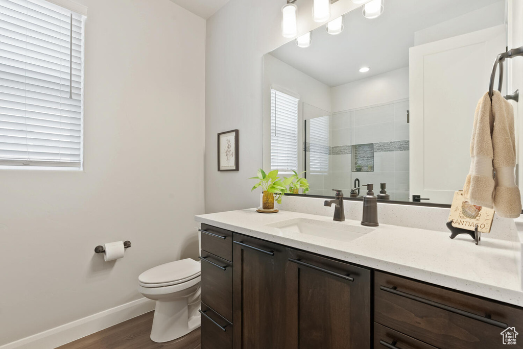 Full bathroom with wood finished floors, toilet, baseboards, a shower stall, and vanity