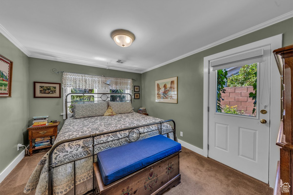 Bedroom with carpet floors, ornamental molding, and baseboards